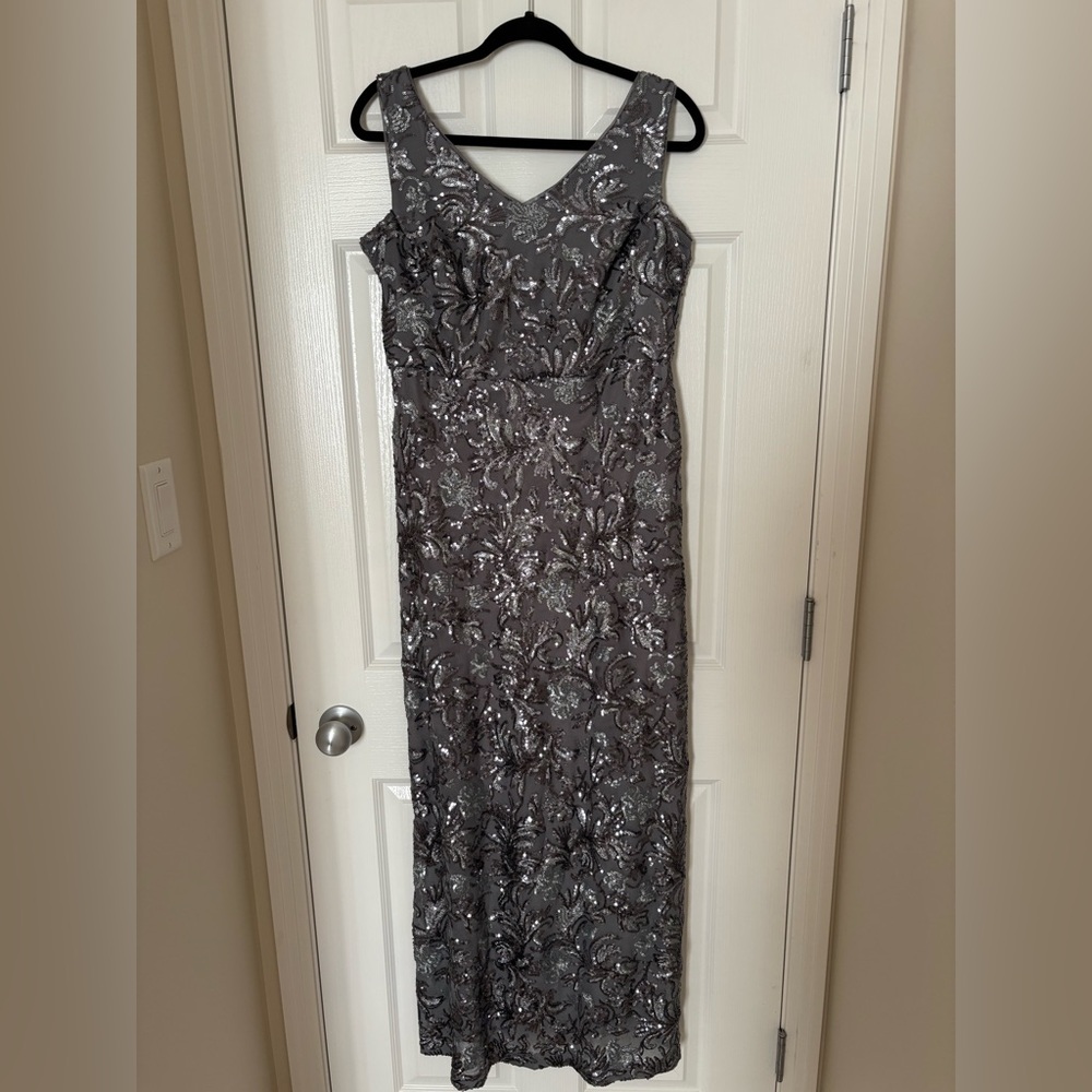 R & M Richards Gray Floral Maxi Dress/ Mother of the Bride